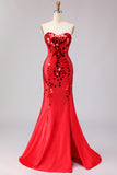 Sparkly Red Mermaid Strapless Beaded Prom Dress