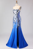 Sparkly Mermaid Royal Blue Strapless Beaded Prom Dress