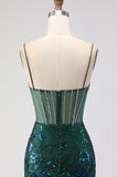 Sparkly Dark Green Corset Mermaid Maxi Prom Dress