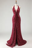 Sparkly Burgundy Halter Mermaid Prom Dress With Slit