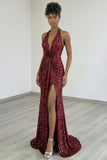 Sparkly Burgundy Halter Mermaid Prom Dress With Slit