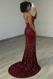 Sparkly Burgundy Halter Mermaid Prom Dress With Slit