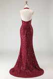 Sparkly Burgundy Halter Mermaid Prom Dress With Slit