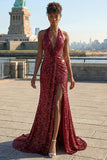 Sparkly Burgundy Halter Mermaid Prom Dress With Slit