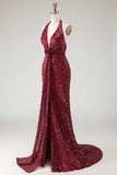 Sparkly Burgundy Halter Mermaid Prom Dress With Slit