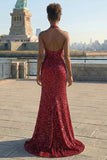 Sparkly Burgundy Halter Mermaid Prom Dress With Slit