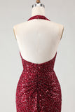 Sparkly Burgundy Halter Mermaid Prom Dress With Slit