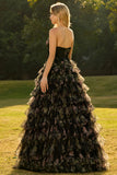 Black Floral Strapless Tiered Cut Out Prom Dress with Bows