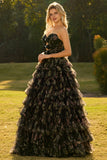 Black Floral Strapless Tiered Cut Out Prom Dress with Bows