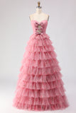 Strapless Tiered Pink Floral Cut Out Bowed Prom Dress