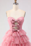 Strapless Tiered Pink Floral Cut Out Bowed Prom Dress