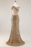 Sparkly Golden Mermaid Cut Out One Shoulder Prom Dress