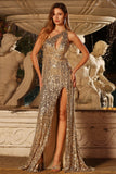 Sparkly One Shoulder Golden Cut Out Prom Dress with Slit
