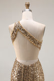 Sparkly Golden Mermaid Cut Out One Shoulder Prom Dress