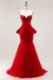 Glitter Red Mermaid Sweetheart Corset Prom Dress With Bow