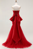 Glitter Red Mermaid Sweetheart Corset Prom Dress With Bow