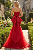 Glitter Strapless Red Mermaid Corset Prom Dress With Bow