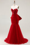 Glitter Red Mermaid Sweetheart Corset Prom Dress With Bow