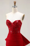 Glitter Red Mermaid Sweetheart Corset Prom Dress With Bow