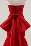 Glitter Red Mermaid Sweetheart Corset Prom Dress With Bow