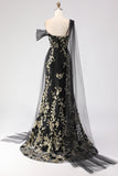 Mermaid Black Golden Sequin Asymmetrical Neck Prom Dress