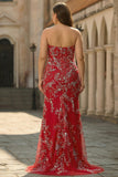 Plus Size Red Strapless Mermaid Beaded Prom Dress