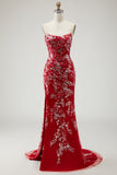 Red Strapless Mermaid Beaded Prom Dress With Slit