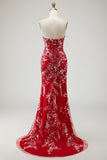 Red Strapless Mermaid Beaded Prom Dress With Slit