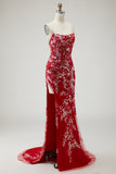 Red Strapless Mermaid Beaded Prom Dress With Slit