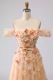 Off the Shoulder Appliqued Champagne A Line Prom Dress