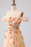 Off the Shoulder Appliqued Champagne A Line Prom Dress