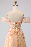 Off the Shoulder Appliqued Champagne A Line Prom Dress