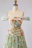 Off the Shoulder Appliqued Champagne A Line Prom Dress