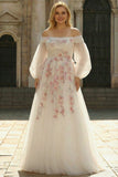 White Off the Shoulder Appliqued Plus Size Wedding Dress