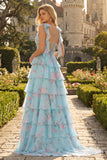 Tiered Ruched Blue Pink Floral Prom Dress with Bow