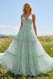 A Line Pleated Green Purple Floral Ruffled Maxi Prom Dress