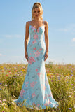 Mermaid Blue Pink Floral Maxi Prom Dress with Ruffles