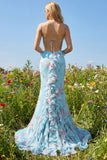Mermaid Blue Pink Floral Maxi Prom Dress with Ruffles