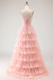 Strapless Tiered A-Line Tulle Corset Blush Prom Dress With Slit