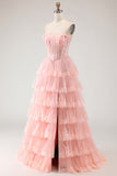 Strapless Tiered A-Line Tulle Corset Blush Prom Dress With Slit