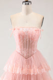 Strapless Tiered A-Line Tulle Corset Blush Prom Dress With Slit