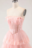 Strapless Tiered A-Line Tulle Corset Blush Prom Dress With Slit