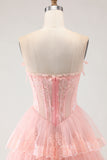 Strapless Tiered A-Line Tulle Corset Blush Prom Dress With Slit