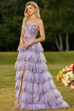Strapless Lilac Tiered Corset Prom Dress with Ruffles