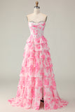 White Pink Flower Tiered A-Line Corset Sweetheart Prom Dress With Slit