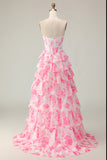 White Pink Flower Tiered A-Line Corset Sweetheart Prom Dress With Slit