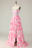 White Pink Flower Tiered A-Line Corset Sweetheart Prom Dress With Slit