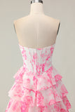 White Pink Flower Tiered A-Line Corset Sweetheart Prom Dress With Slit
