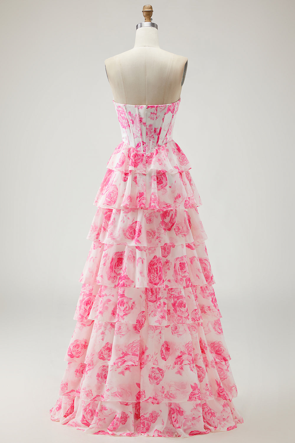 Berylove Women White Pink Flower Prom Dress With Ruffles A-Line Strapless Corset Tiered Print Maxi Party Dress With Slit Berylove Women White Pink Flower Prom Dress With Ruffles A-Line Strapless Corset Tiered Print Maxi Party Dress With Slit