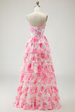 White Pink Flower A-Line Corset Tiered Strapless Prom Dress With Slit